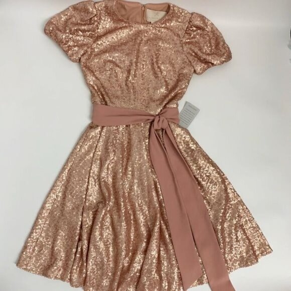 Gal Meets Glam Beatrix Pink gold rose Sequin belted Dress Sz 00 NWT - Picture 2 of 14